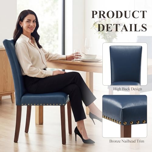 Image of COLAMY Upholstered Parsons Dining Chairs Set of 4, PU Leather Dining Room Kitchen Side Chair with Nailhead Trim and Wood Legs - Blue