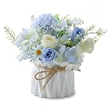 Hnonoxy Künstliche Blumen im Topf, Hellblau Kunstblumen Deko, Blumensträuße mit Keramikvase Kunstpflanze Deko für Tischdeko Wohnzimmer Zuhause Dekoration Fake Blume Pflanzen Schlafzimmer Hochzeit