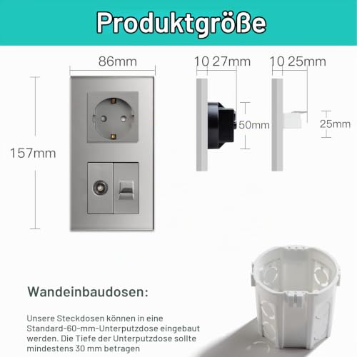 BSEED Schuko Steckdose mit 1/2 TV-Antenne Koaxial- und RJ55-Cat5e-Ethernet Kristall Glas Unterputz Steckdose Verlängerungssteckdosen… – Ansicht 5