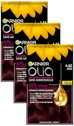 Garnier Coloration Permanente - Sans Ammoniaque - Aux Huiles Naturelles de Fleurs - Carmin Velours (4.62) - Olia (Lot de 3)