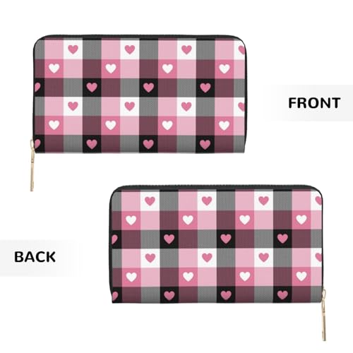 Pink Heart Plaid Print Wallet Women Men, Long PU Leather Wallets for Women, Cute Womens Travel Wallet Purse Pouch with Zipper Pocket2