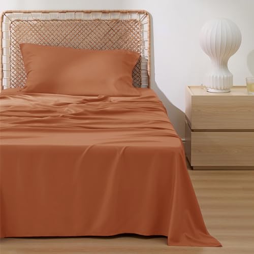 Image of Bedsure Cooling Sheets Twin XL, Rayon Derived from Bamboo, PureWoven, Breathable & Soft Twin XL Sheet Sets, Deep Pocket Up to 16 Inches, Hotel Luxury Silky Dorm Bedding for Hot Sleepers, Burnt Orange