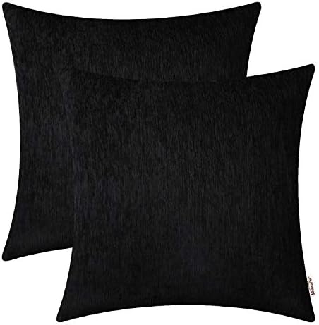 BRAWARM Chenille Throw Pillow Covers 18x18 Inches - Black Chenille Pillow Covers Pack of 2, Solid Dyed Soft Chenille Pillow Cases for Couch Sofa Bed Home Decoration