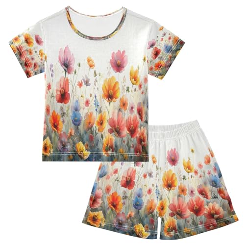 senya Short Sleeve Pajamas Sets Summer Cotton Sleepwear Watercolor Spring Flower