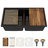 33 Black Granite Double Bowl Kitchen Sink - Beslend 33x19 Granite Composite Undermount Kitchen Sink Double Bowl 50/50 Quartz Workstation Sink, Low Divide Ledge Dish Basin, Gold Accessories