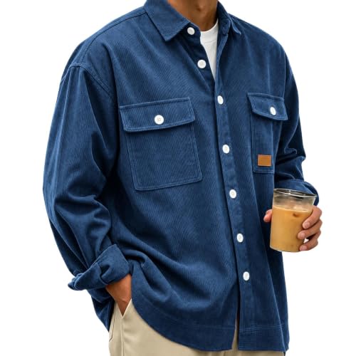 Corduroy Jacket Men Long Sleeve Button Down Chest Pockets Casual Shacket - image 7