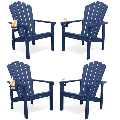 THOEOE Stackable Adirondack Chair Set of 4, HDPE All-Weather Adirondack Chairs - Durable and Space Saving, Plastic Outdoor Fire Pit Chairs with Cup Holder,Navy Blue