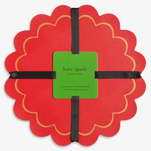 Image of kate spade new york Scallop Edge Round Reversible Placemats 6-Pack Set, Imitation Leather with Metallic Print, Water Resistant, Easy Wipe Clean, Red /Gold, 15 inch Round