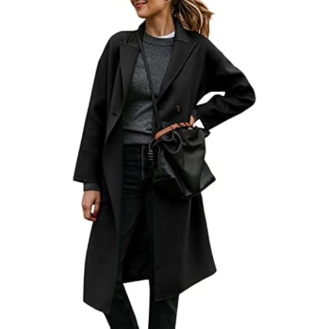 FSHAOES Womens Lapel Peacoat Winter Double-Breasted Outerwear Mid Long Jacket Casual Trench Coat Cover
