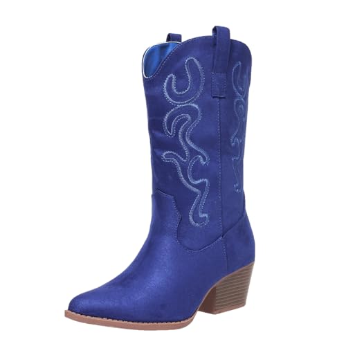 Cowboy Boots for Women Cowgirl Mid Calf Western Style Embroidery Stitched Low Chunky Heel Ladies Fashion Boots, US Size 5-11