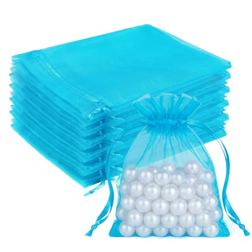 Image of Crweety 50 Pcs Lake Blue Organza Bags 3x4 Inch, Premium Mesh Gift Bags for Wedding Baby Shower Party Favors, Small Mesh Bags Drawtring for Candy Jewelry Gifts, Cute Sachet Bags for Graduation