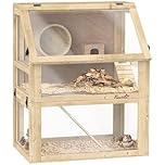 PawHut Wooden Hamster Cage, 3 Tier Gerbil Cage with Detachable 32cm Deep Bottom, Hut, Seesaw, Exercise Wheel, Ramps, Natural Wood Finish