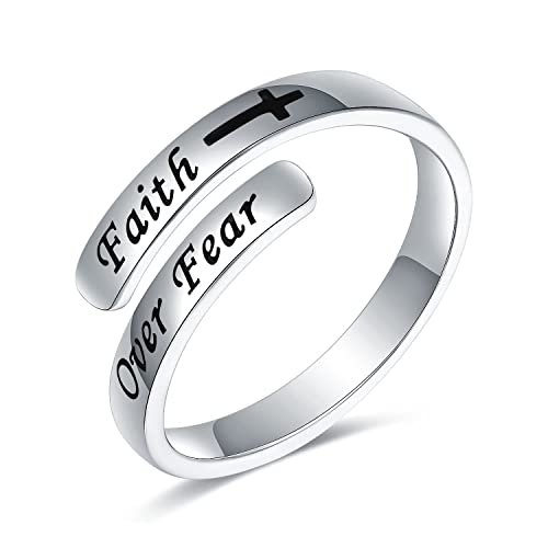 925 Sterling Silver Faith over Fear Ring Faith Religious Jewelry Quote Ring Friend Daughter Gifts