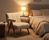 DAYALANE fotel z podłokietnikami, fotel typu Lounge Chair wykonany z sznyclu, nowoczesny fotel z drewnianymi nogami do salonu, sypialni, pokoju wypoczynkowego, kolor owsiankowy