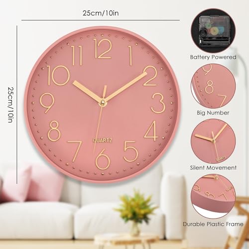 Image of Lumuasky Pink Wall Clock Modern Battery Operated Analog Small Cute Silent Non-Ticking Decorative Clock for School Office Classroom Bedroom Kitchen Living Room Nursery Decor (10 inch)