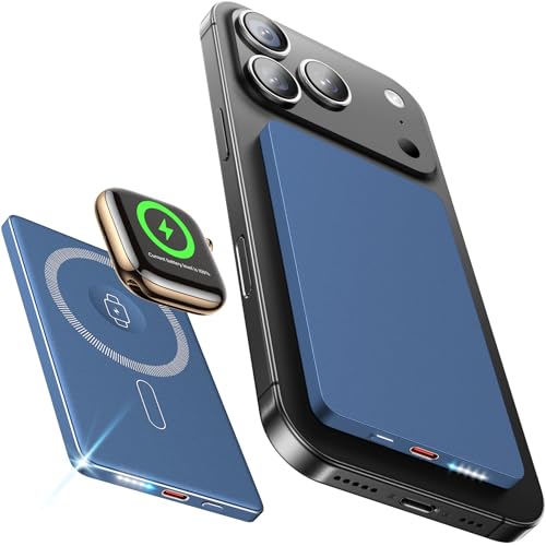 Image of 3-in-1 5000mAh for Magsafe Power Bank Thin Slim 22.5W Fast Charging Type C Magnetic Battery Pack Powerbank for Travel, Mini Wireless Portable Charger for iPhone 17 16 15 14 13 Watch Android Matte Blue