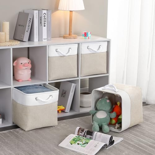 Mangata Fabric Storage Baskets, 33x38x33cm Cube Storage Unit Boxes Storage Boxes for Kallax Organizing Clothes Shelf Nursery Home Closet(Light Beige/White, Set of 3)