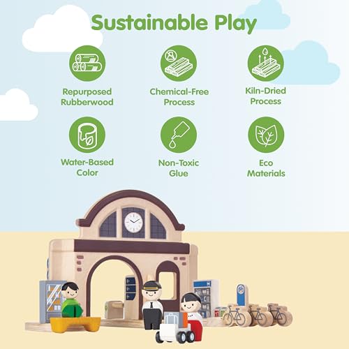 Image of PlanToys Wooden Train Station Pretend Play Set for Kids | Montessori Transportation and Travel Imagination Toy | Eco Friendly Wooden Train Station Playset for Creative Role Play
