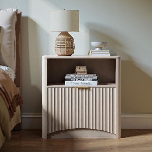 Image of Evermagin Fluted Nightstand, Bedside Table with Drawer and Storage, Wood End Table Mid Century Modern, Large Night Stand for Bedroom, White Alder