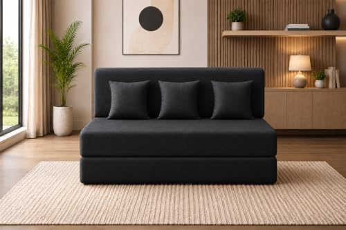 Image of Sofa Cum Bed with Jute Fabric, Convertible Three Seater Sofa Bed 5x6 Ft, Comfortable Cushioned Seating, Space Saving Design for Living Room, Bedroom & Guest Room - Black Color