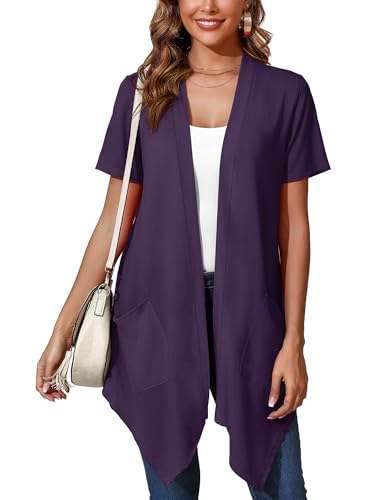 Image of Women's Lightweight Open Front Cardigans Short Sleeve Casual Soft Sheer Cardigan S-2XL with Pockets