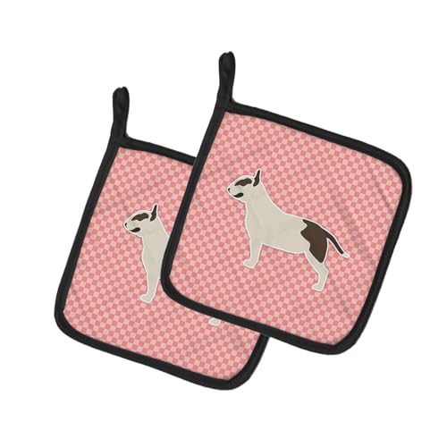 Caroline's Treasures BB3678PTHD Bull Terrier Checkerboard Pink Pair of Pot Holders Kitchen Heat Resistant Pot Holders Sets Oven Hot Pads for Cooking Baking BBQ, 7 1/2 x 7 1/2