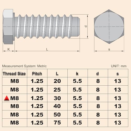Image of 20Pcs M8 Hex Bolts M8x30mm Hex Head Bolt Stainless Steel 304 | M8-1.25 Fully Threaded Hex Tap Metric Hexagon Head Machine Screw Right Hand External Hex Drive