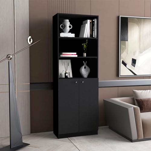 VAOZIURE Black 2-Door Bookcase with Open Shelves and Spacious Storage,