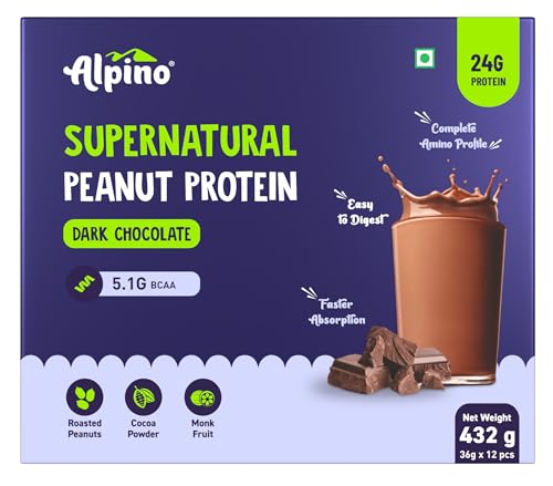Image of ALPINO Supernatural Peanut Protein Powder Dark Chocolate 432g (36g x Pack of 12) - Roasted Peanuts, Cocoa Powder & Monk Fruit - 24g Protein, 5.1g BCAAs, No Added Sugar - World's First Peanut Protein Isolate
