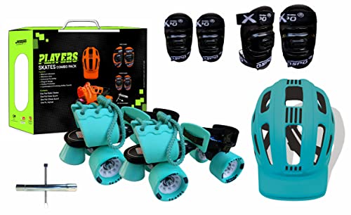 Jaspo Unisex-Youth Cruiser Senior Players Quad Adjustable Roller Skates Combo (Suitable for 6 to 14 Years) (Cyan), Outdoor_Wheel