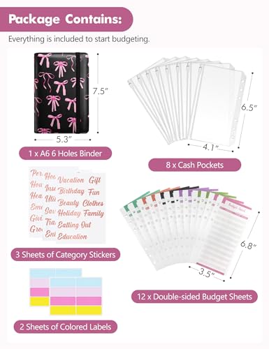 Image of A6 Budget Binder for Money Saving, PU Leather Budget Planner with 8 Cash Envelopes, Budget Sheets & Rose Gold Category Stickers, Money Organizer for Cash (Black Bow)