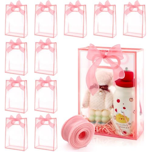 ARPOVIST 12 Pcs Clear Plastic Gift Bags with Handles, 10.2x7.1x3.1 Inch Pink Reusable Party Favor Bag Transparent Gift Wrap Bag Bulks with Ribbon for Bridal Wedding Birthday Party Baby Shower