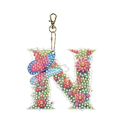 ダイヤモンドアートペインティング バタフライレターキーホルダーキット、DIY吊り下げペンダント 吊り下げバッグキー(両面ドリル加工)-N