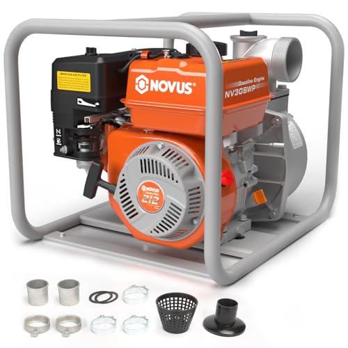 NOVUS Semi Trash Pump 3 Inch, 212cc 4 Cycle Engine, 238 GPM 100ft Lift 23ft Suction, Gas Powered Water Pump for Pond Pool Draining Gardening Irrigation, EPA Certified