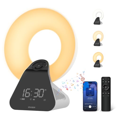 Voraiya Light Therapy Lamp 10000 Lux with Bluetooth, 8 White Noises, Dimmable Wake Up Light Sunrise Alarm Clock, 4 Timer Settings, Memory Function for Sensitive Sleepers and Home Office