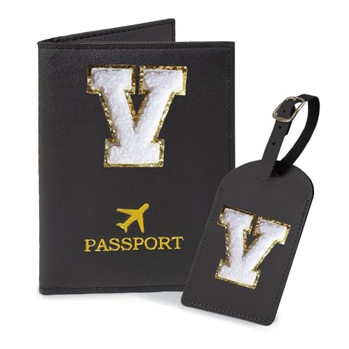 COSHAYSOO Black Passport Cover and Initial Luggage Tag Set TSA Approved with Preppy Chenille Letter Patch for Women Girl Friends, Trendy Travel Bag Backpack Suitcase Identifier Personalized Gifts (V)