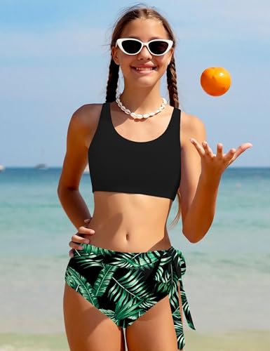 Girl Swimsuit Bikini Set Tropical Print Bathing Suit Two Piece Girls' Swimwear with Tie Side Knot 7-14T4