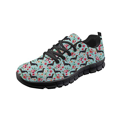 Coloranimal Black Running Walking Zapatillas con Cordones para Mujeres Hombres Unisex Cool Animal Dachshund Dog Flower Design Zapatillas de Goma Antideslizantes Zapatillas de Tenis EU39