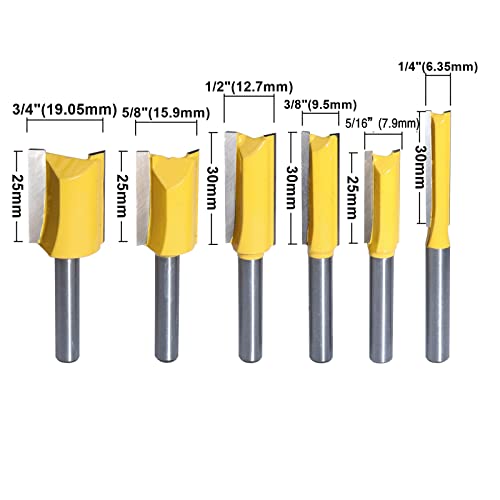 Roocbit Straight Cut Router Bits 1/4-Inch Shank Double Flute Straight Router Bit Set - (1/4, 5/16, 3/8, 1/2, 3/4, 5/8 Inch Diameter) 6Pcs #TOP2