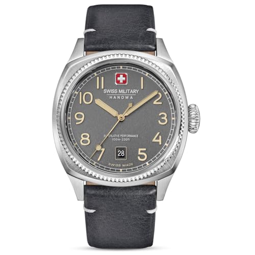 Swiss Military Hanowa Reloj de hombre Condor con correa de piel Fecha Cristal de zafiro, Gris y negro., Correa