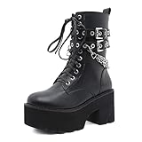 Damen Winter Schwarz Gothic Punk Plateau Stiefel Goth Schnalle Demonia Zipper Creeper Wedges Mid Calf Schuhe,Schwarz,41 EU