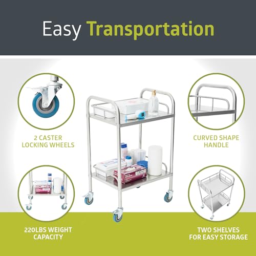 Pearington 2-Shelf Rolling Medical and Lab Cart, Portable Workstation with Swivel Casters, Stainless Steel Mobile Utility Cart for Storage in Clinics, Labs, Salons, and More, 23.58\'\' L x 15.72\'\' W