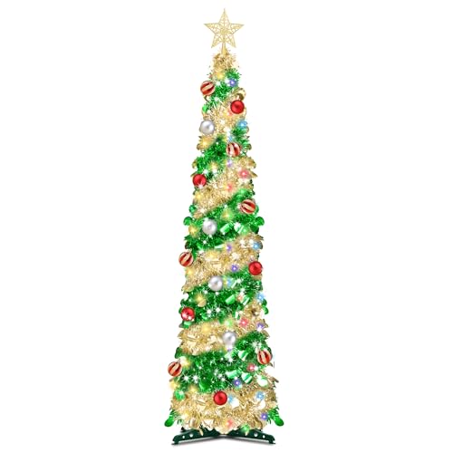 5 Feet Pop Up Christmas Tinsel Tree with Timer Warm White & Multi Color Change Lights Battery Operated Pop Up Pencil Tree with 15 Ball Ornaments & Star Xmas Decor for Home Indoor Holiday (Green Gold)