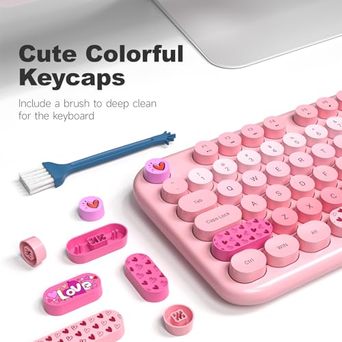 Image of Wireless Keyboard and Mouse Combo, MOWUX Full Size Typewriter Retro Round Computer Keyboard, Cute Optical Mouse Wireless, Plug and Play, for Laptop, PC, Computer- Pink Heart