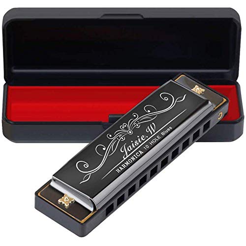 Harmonica for Kids and Beginners, Jaisie.W 10 Hole Blues Harmonica with Case and Polishing Cloth, 10 Holes 20 Tones Blues Mouth Organ Harp for Kids, Beginners, Students (Key of C, Black)