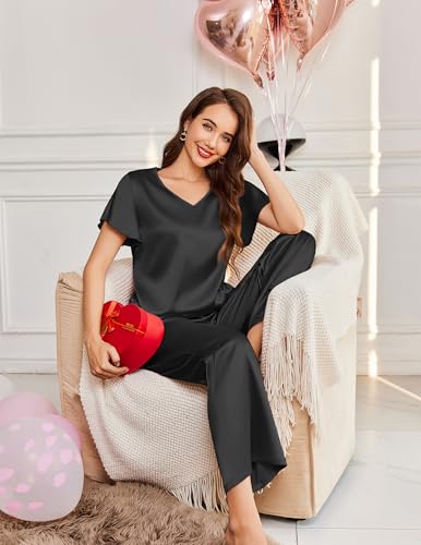 Image of Ekouaer Women's Satin Silky Pajama Set 2 Piece Short Sleeve Shirt with Long Pants Pjs Sets Soft PJ Loungewear S-XXL