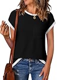 EVALESS Trendy Tops for Women 2026 Spring Short Sleeve Crewneck Cute Ribbed Knit T Shirts Dressy Casual Solid Loose Basic Tee Fashion Blouses Summer Outfits Black Large