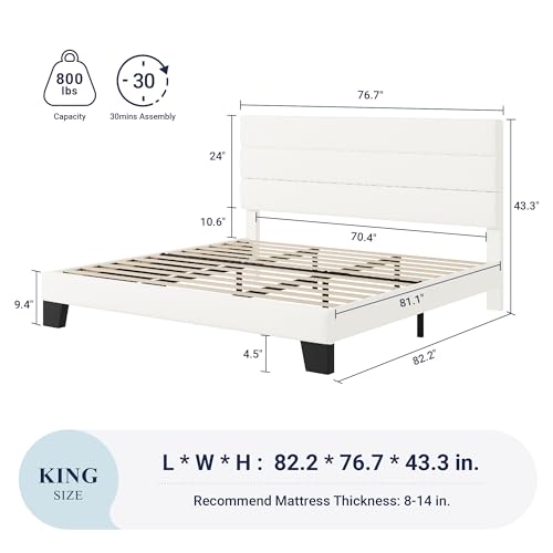 Allewie King Size Platform Bed Frame with Velvet Upholstered Headboard and Wooden Slats Support, Fully Upholstered Mattress Foundation/No Box Spring Needed/Easy Assembly, White
