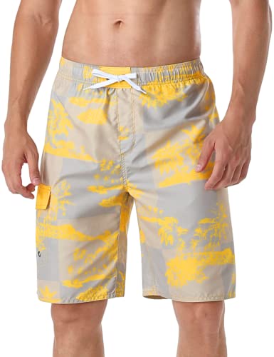 Nonwe Mens Beach Shorts Long Breathable Patterned Board Shorts With Lining Yellow 34 #TOP14