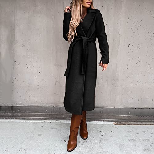 Huankd Women Denim Jackets With Fur, Purple Denim Jacket Punk Dresses Edgy Top Femme Manche Longue Women's Winter Woolen Coat Elegant Lapel Trench Coat Solid Color Long Jacket Work Tie (M, Black) #TOP5